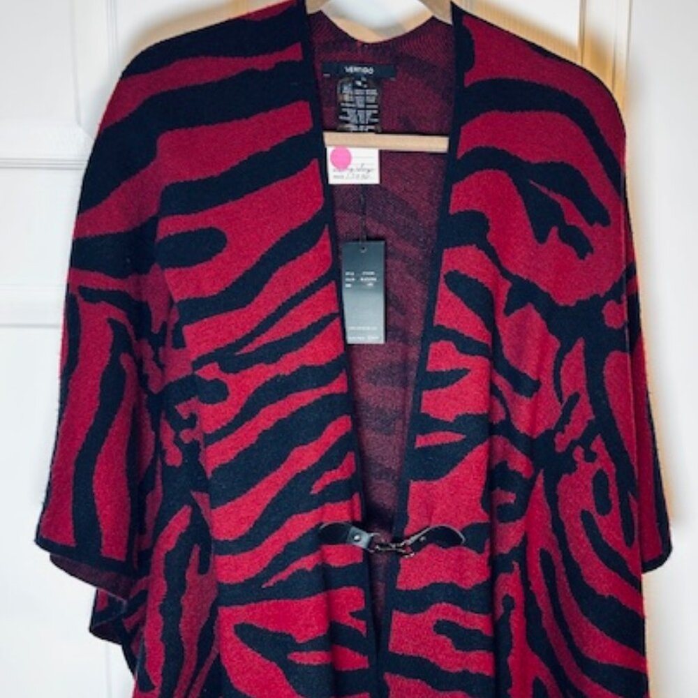 NWT Vertigo Black and Burgundy/Red Animal Print Cape Poncho L/XL